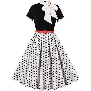 Women 50s Style Vintage Swing Dress Short Sleeve Tie Neck Polka Dot